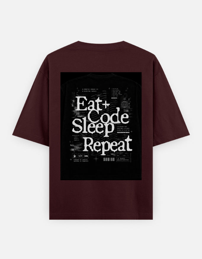 TechPick oversized graphic programmer tee in maroon with Eat Code Sleep Repeat text design