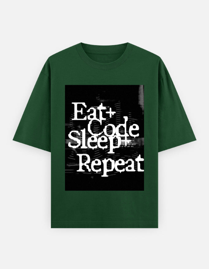 TechPick oversized graphic programmer tee in dark green with Eat Code Sleep Repeat print