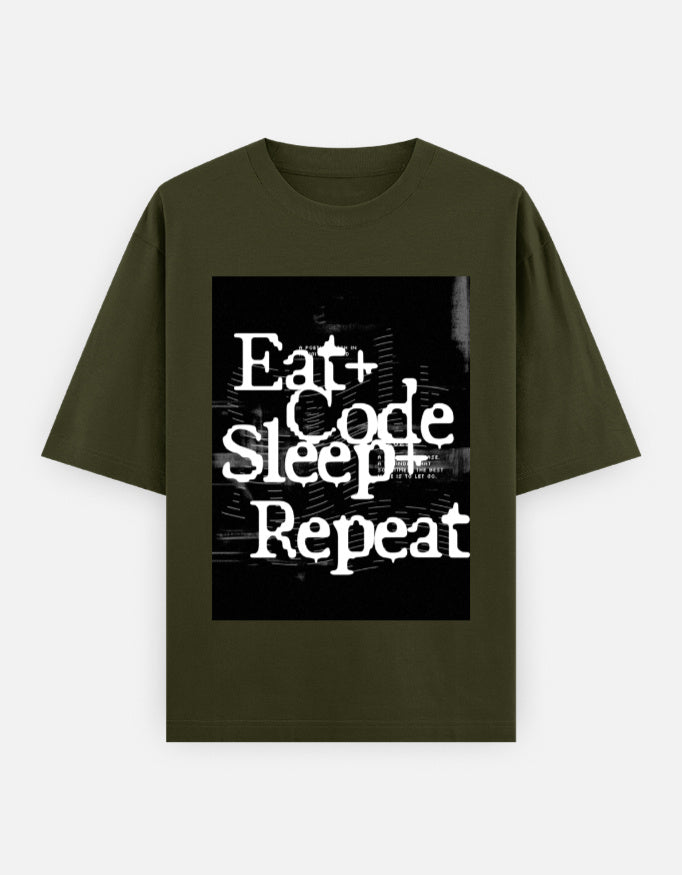 TechPick oversized graphic programmer tee with Eat Code Sleep Repeat text in white on black print