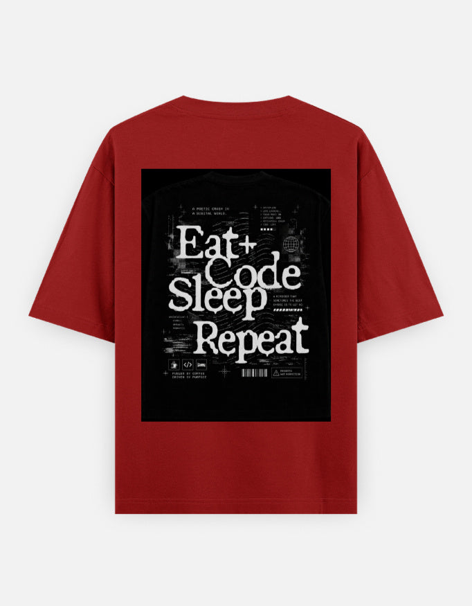 TechPick oversized graphic red programmer tee with Eat Code Sleep Repeat text design