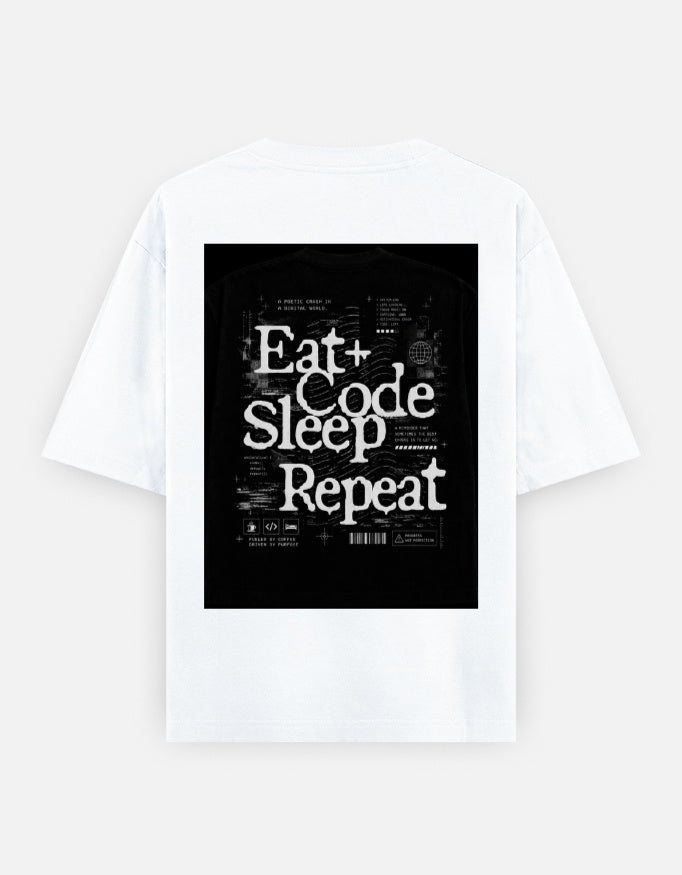 TechPick oversized graphic programmer tee in white with Eat Code Sleep Repeat print on back